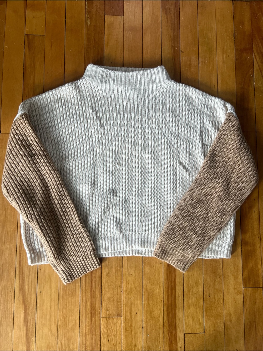 Two-Tone Mock Neck Sweater - Cream Body with Tan Sleeves